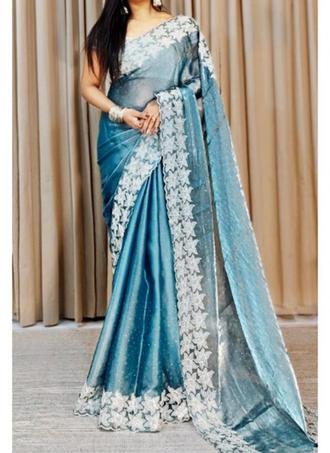 Burburry Silk Aqua Blue Party Wear Embroidery Work Saree